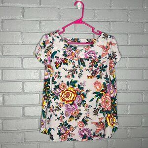 LOFT-Md Petite-Gray w/ Purple, Orange & Green Floral Print Blouse